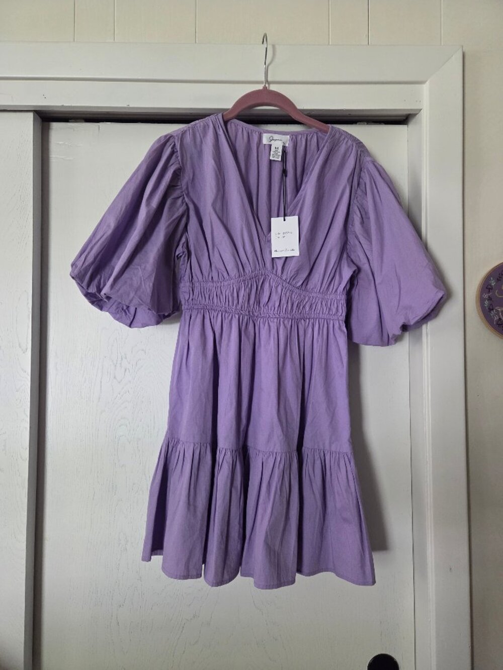 NWT Japna M Lavender Purple Dress Puff Sleeve Cotton Ruffle V-Neck
